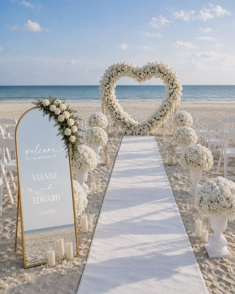 White floral heart arch and aisle runner on a sandy beach for wedding