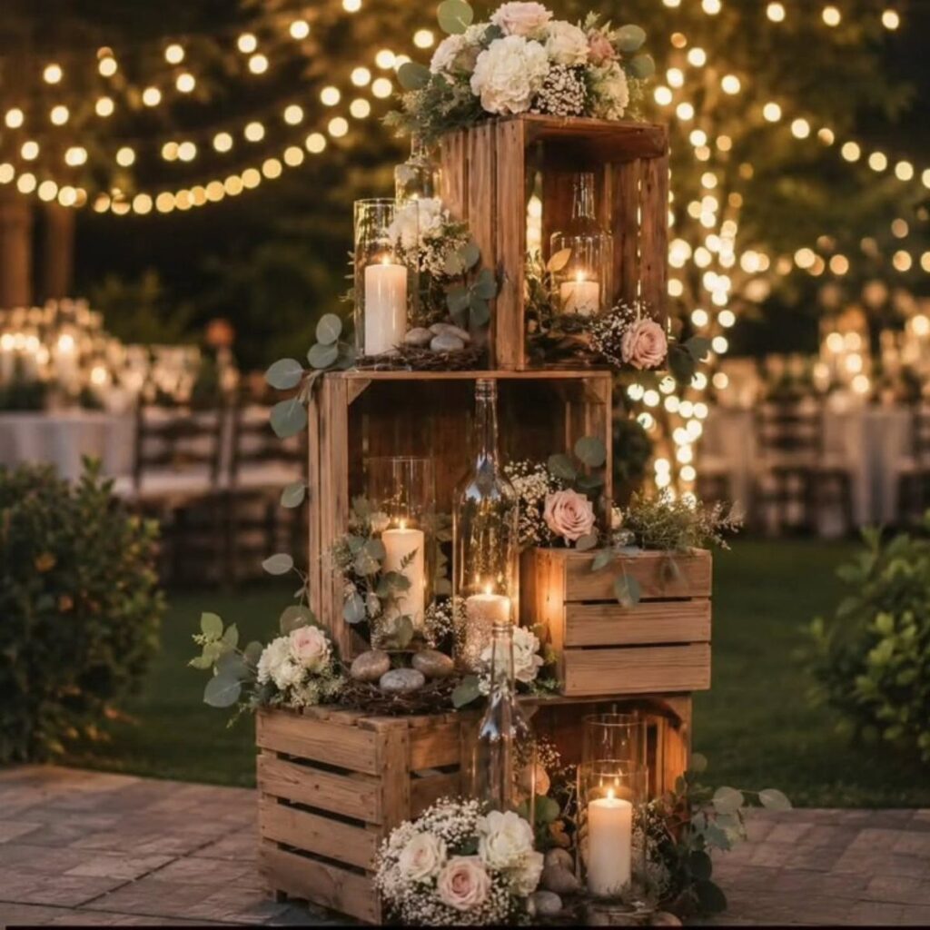 Stacked wooden crates decorated with white roses, greenery, and glowing pillar candles outdoors.