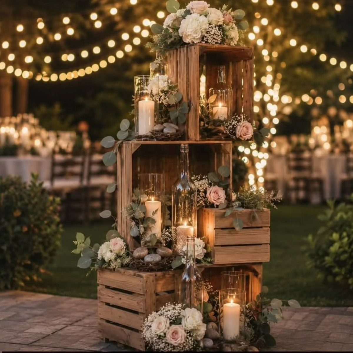Stacked wooden crates decorated with white roses, greenery, and glowing pillar candles outdoors.
