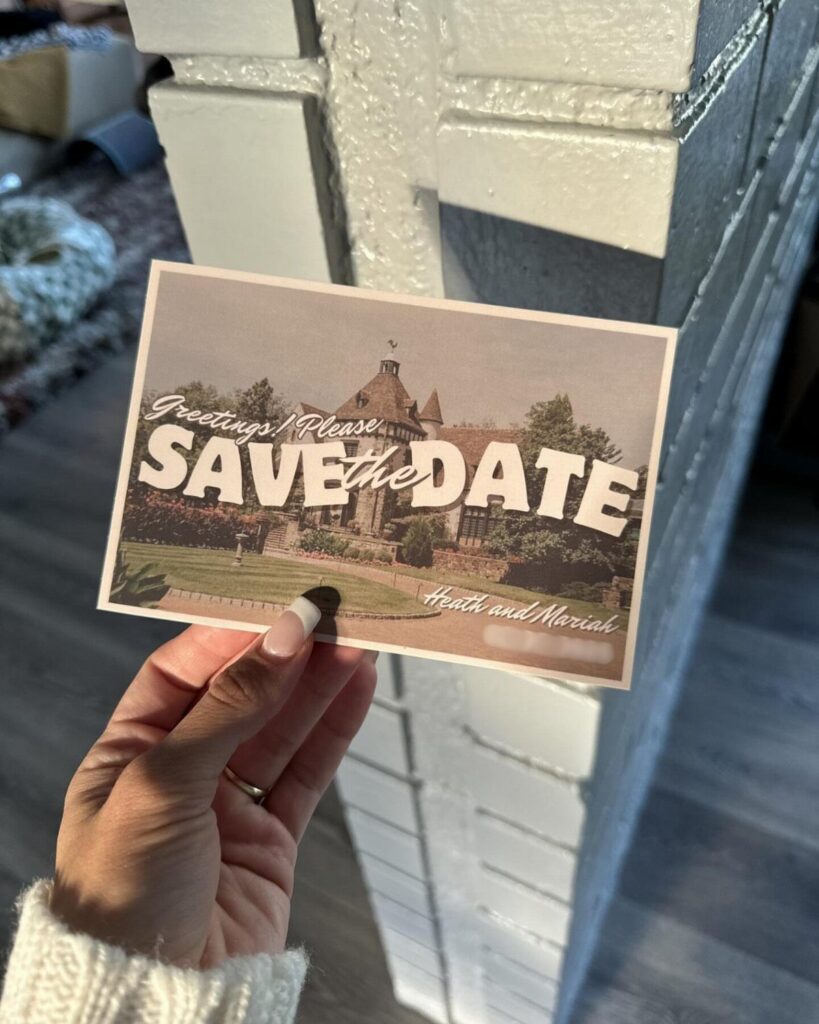 Vintage postcard save the date card featuring a historic stone building and retro typography.