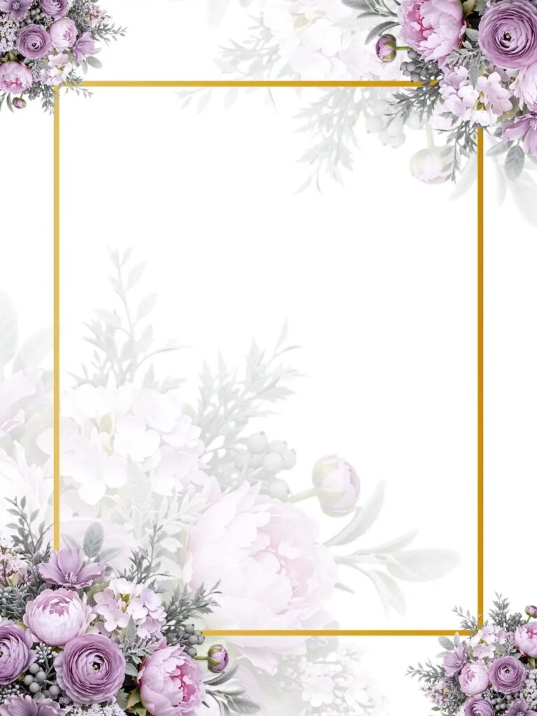 Gold rectangular frame surrounded by soft pink and purple floral arrangements on white.