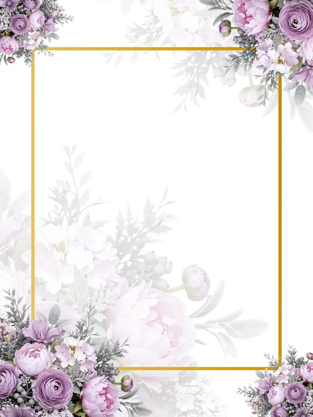 Gold rectangular frame surrounded by soft pink and purple floral arrangements on white.