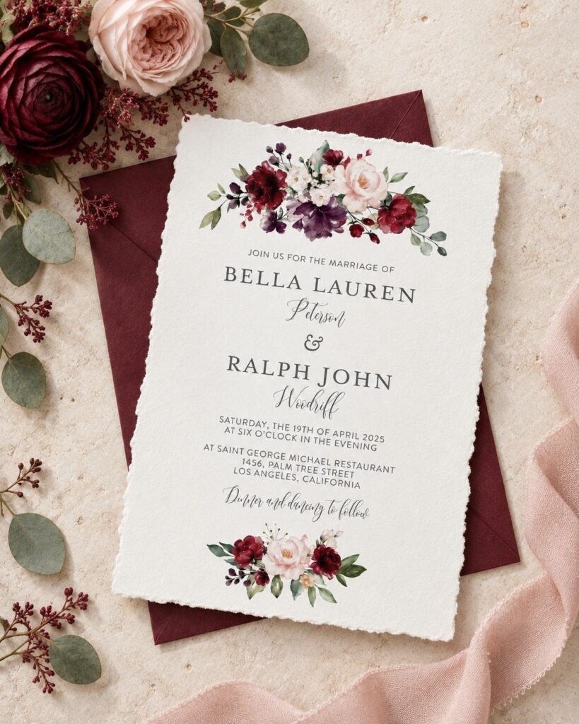 Wedding invitation with burgundy floral designs resting on a matching burgundy envelope.