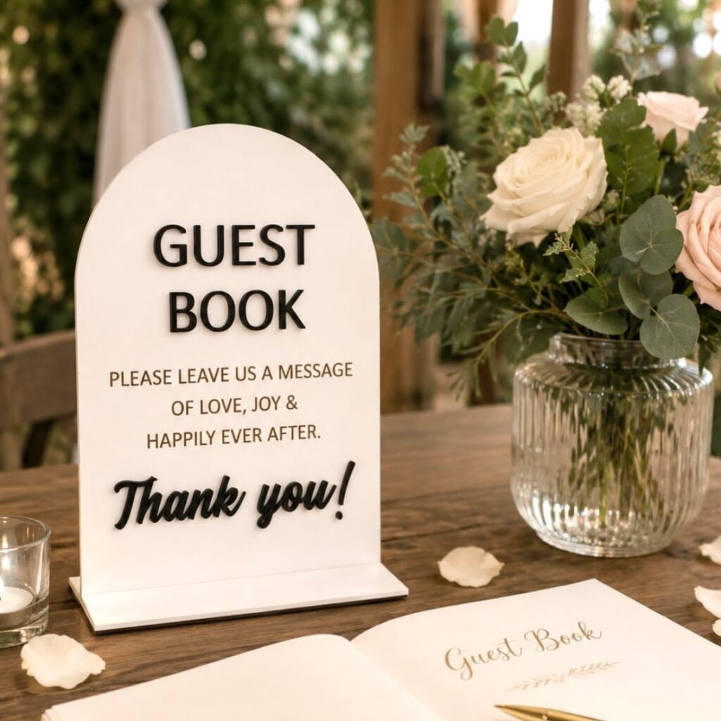 Arched white guest book sign on a wooden table with white roses.