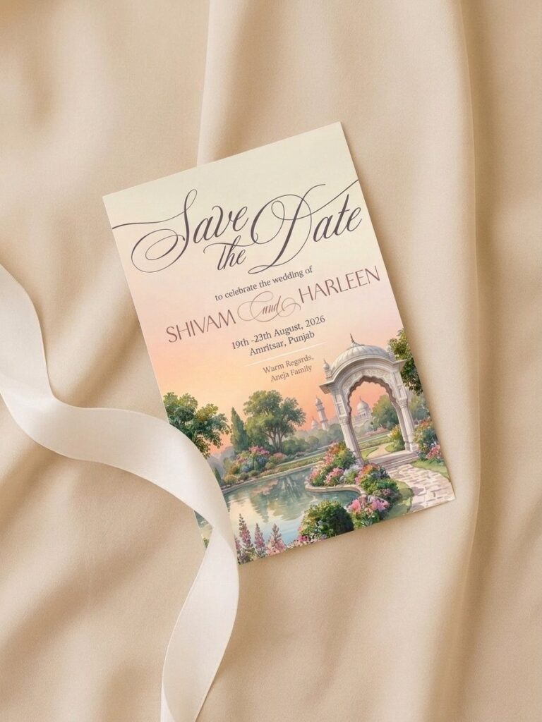 Save the date card with garden illustration resting on beige fabric and ribbon