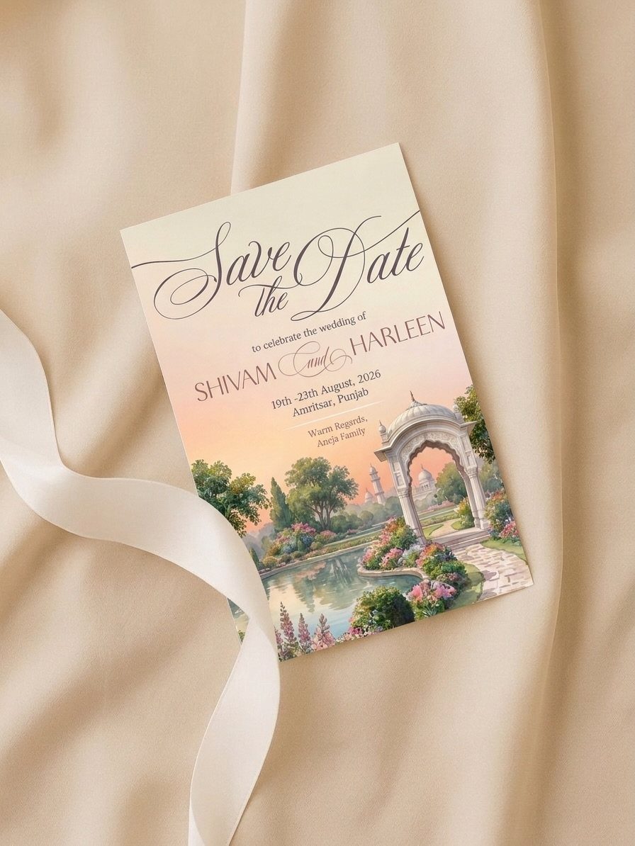 Save the date card with garden illustration resting on beige fabric and ribbon