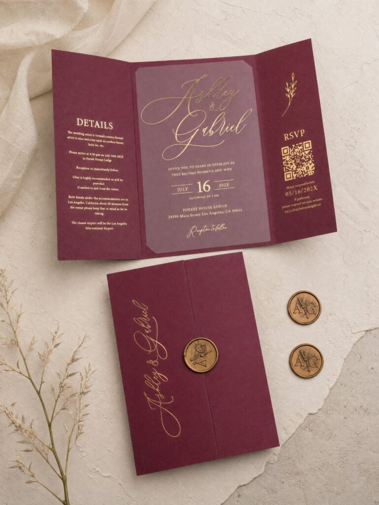 Burgundy wedding invitation suite with gold foil lettering and gold wax seals.