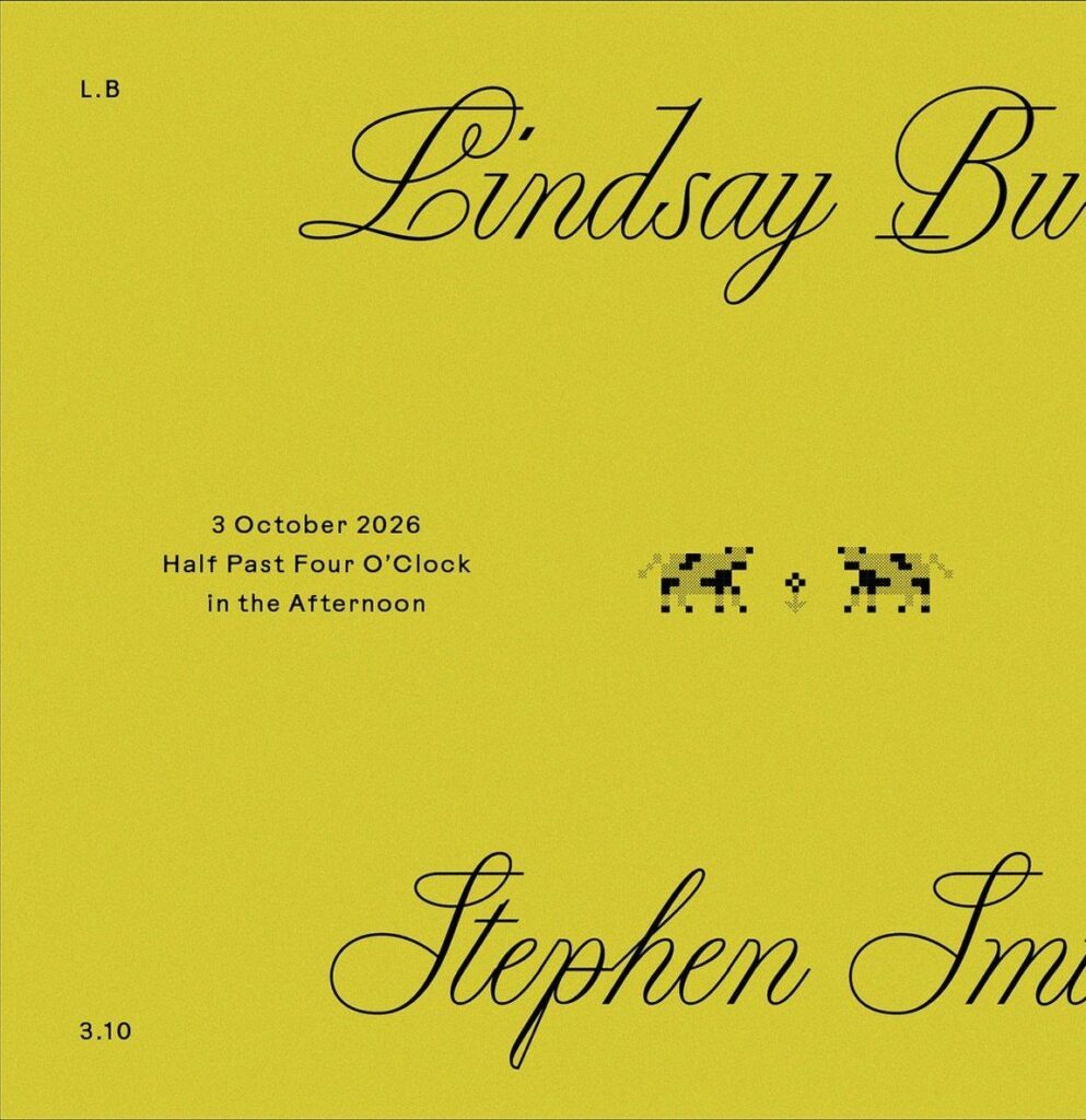 Yellow wedding invitation with bold black cursive names and minimalist animal graphics.