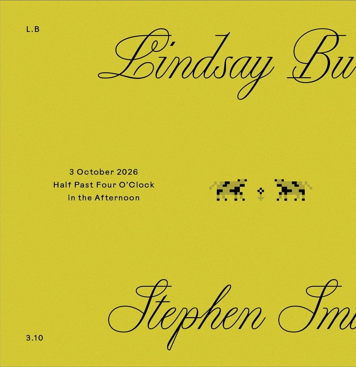 Yellow wedding invitation with bold black cursive names and minimalist animal graphics.