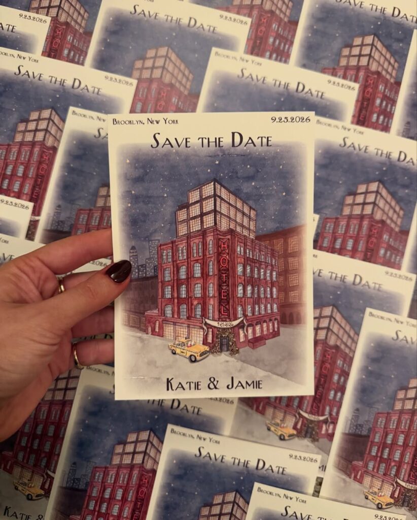 Custom Save the Date card with an illustration of a Brooklyn building and taxi.