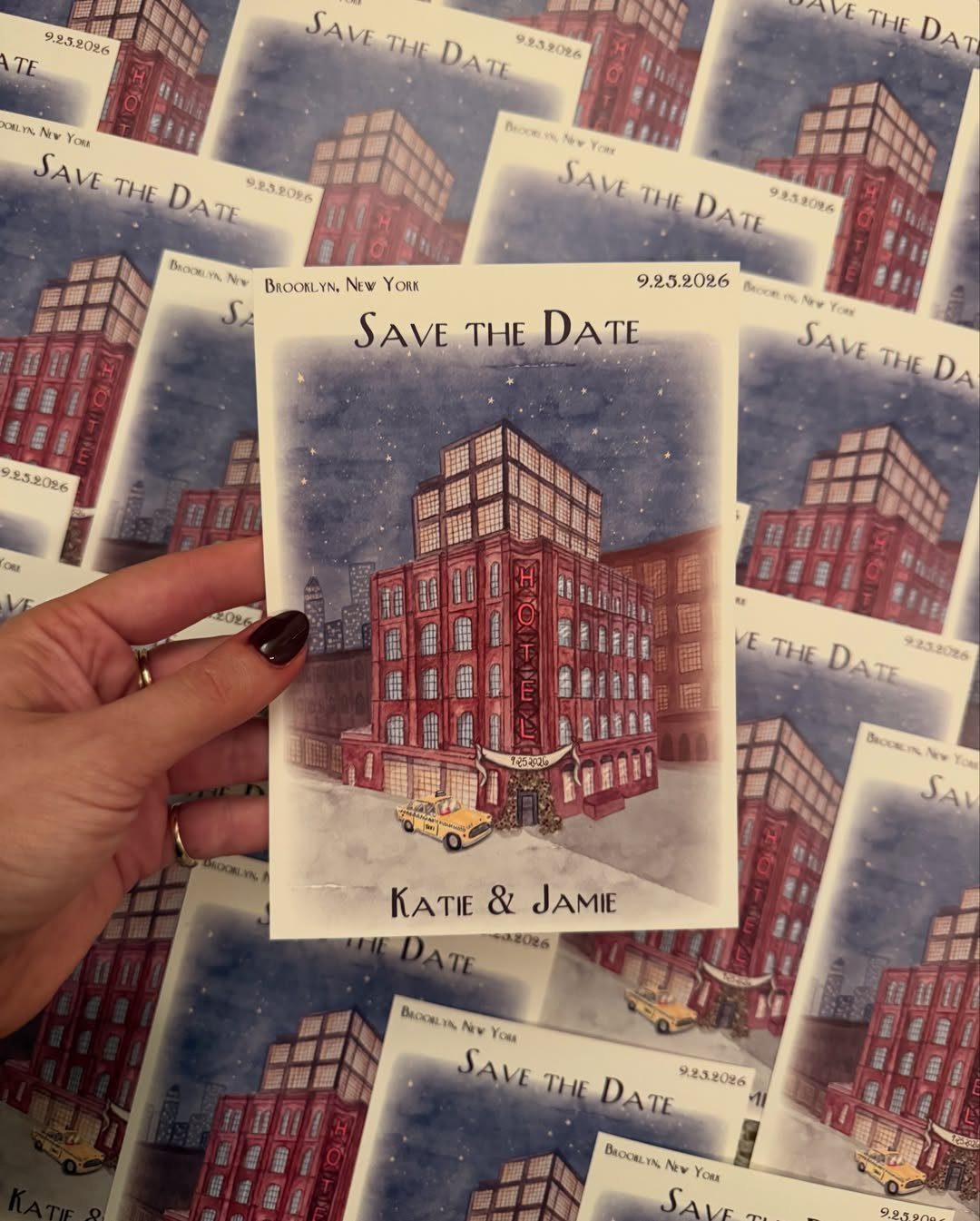 Custom Save the Date card with an illustration of a Brooklyn building and taxi.