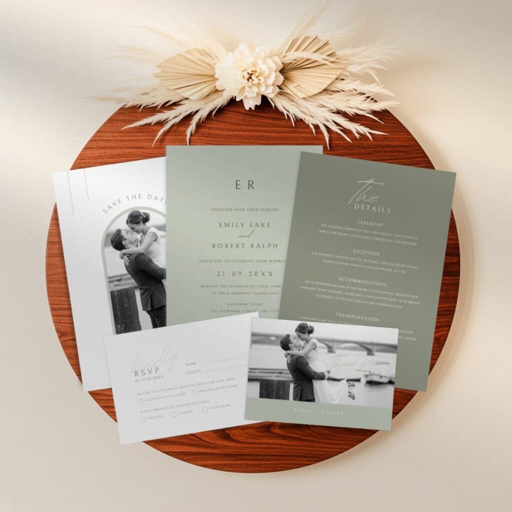 Sage green and white wedding invitation suite arranged on a wooden tray with dried florals.