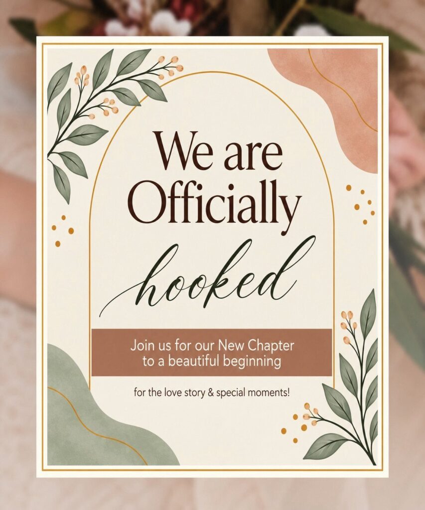 Save the date invitation card with botanical leaves and gold arched frame.