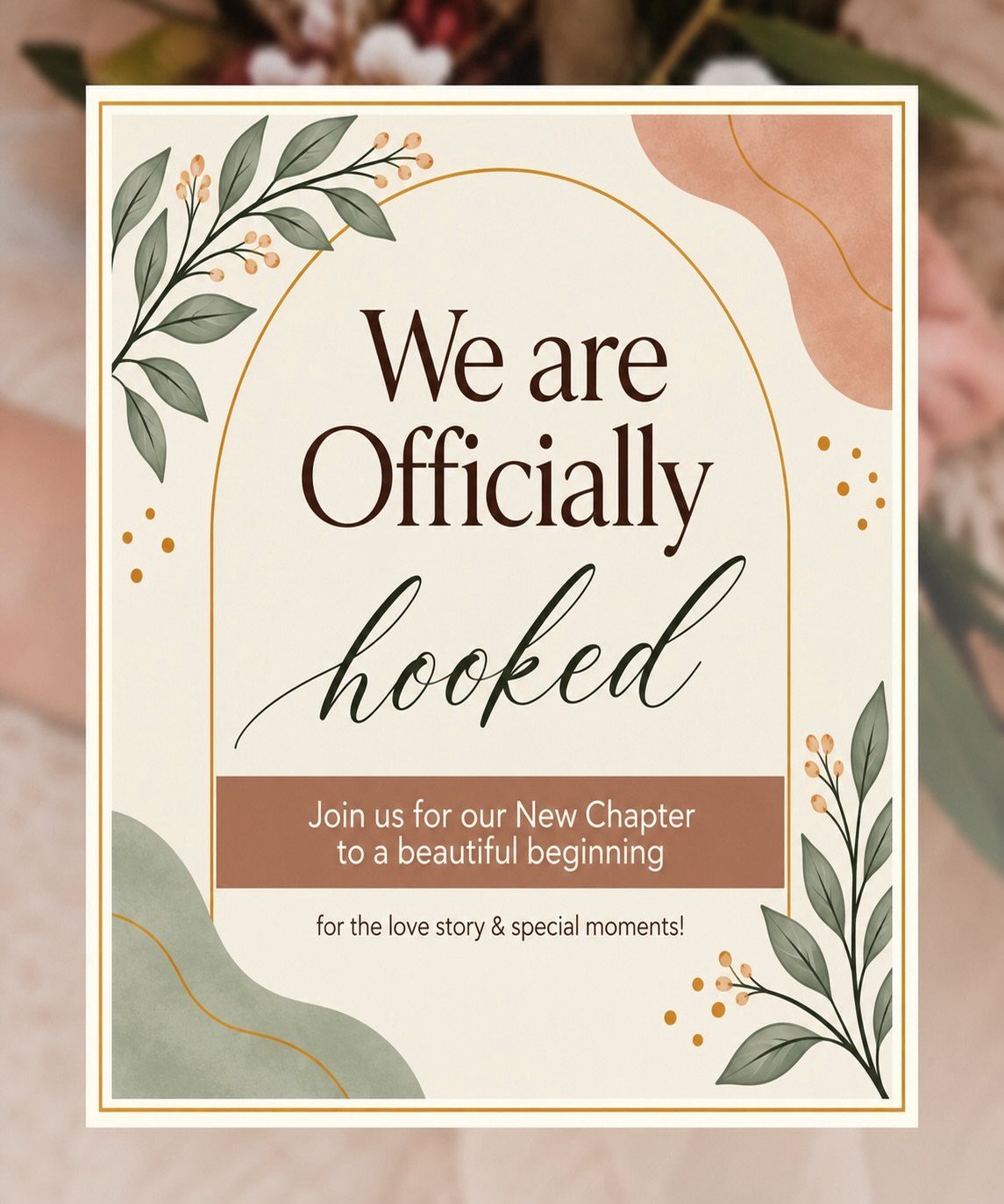 Save the date invitation card with botanical leaves and gold arched frame.
