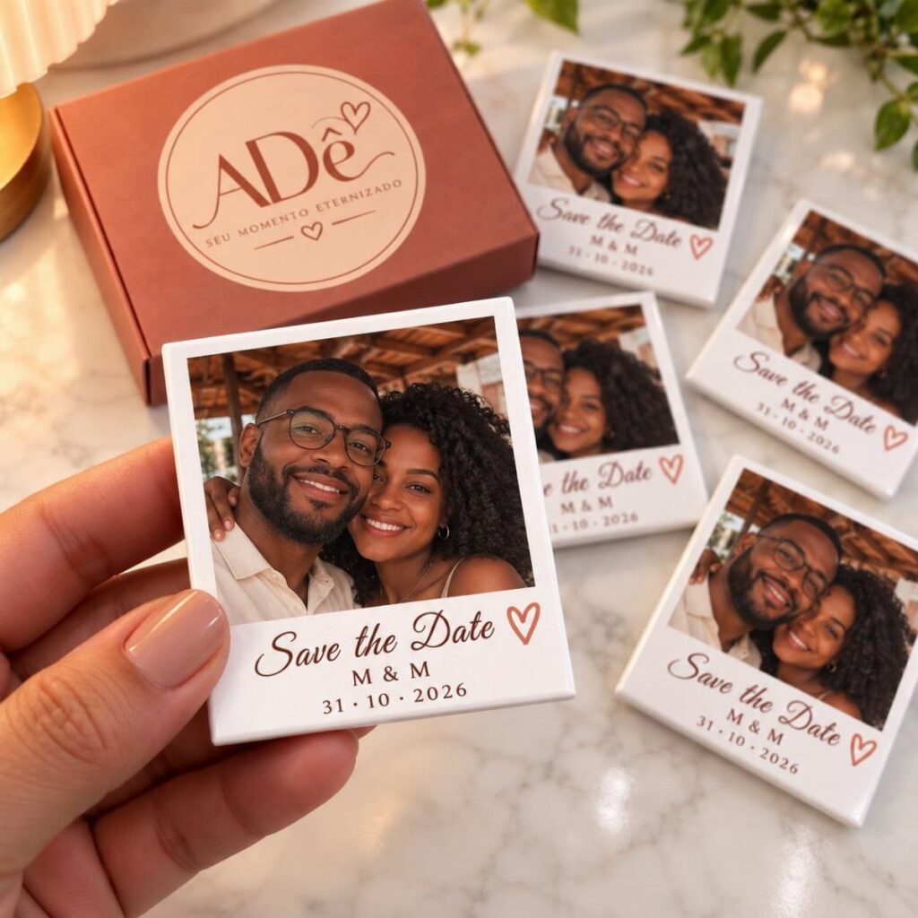 Square save the date magnets with a couple's photo and a gift box.