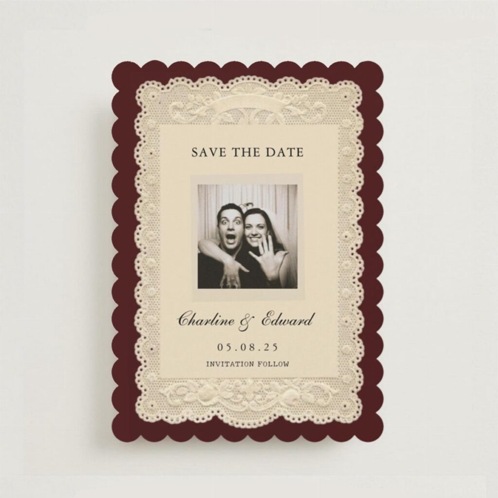 Save the date card with burgundy scalloped edges, lace trim, and couple's photo.