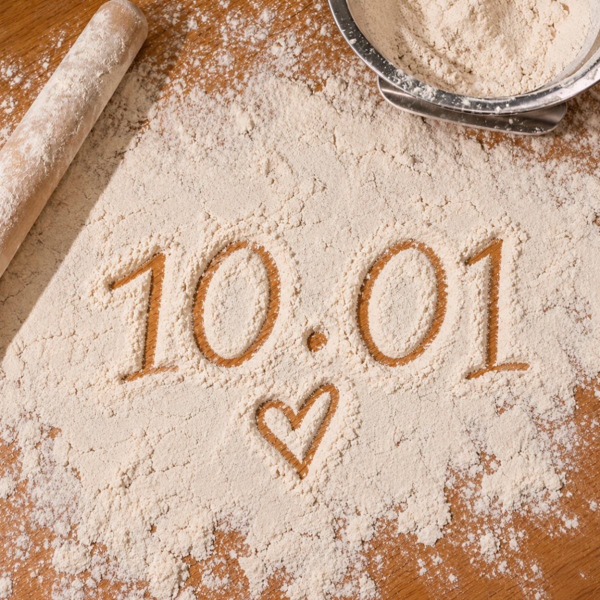 Date 10.01 and a heart written in flour on a wooden table