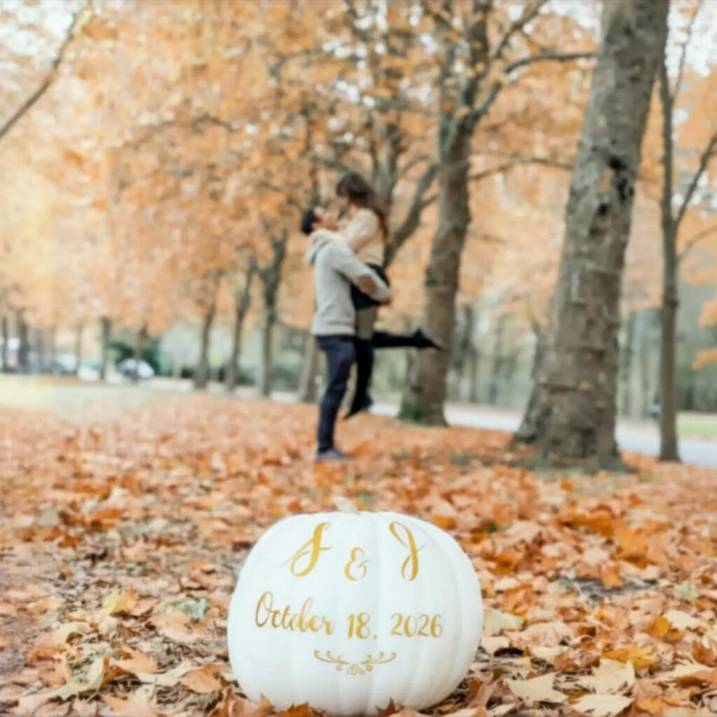 White pumpkin with gold date on a ground covered in orange fall leaves