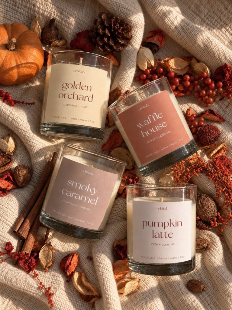 Four autumn-themed scented candles arranged on beige fabric with pumpkins and pinecones.