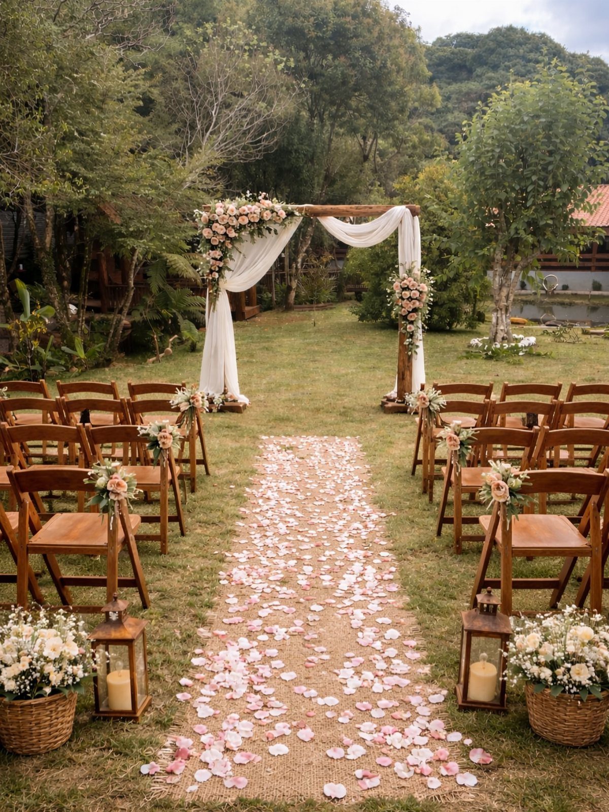 Outdoor wedding ceremony setup with a floral arch and petal-covered aisle in a garden
