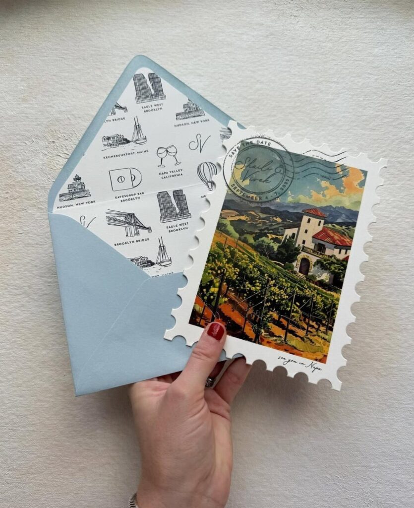 Vintage-style save the date postcard with a vineyard scene and blue patterned envelope.