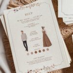 Cream RSVP cards with floral borders and formal attire illustrations on woven mat