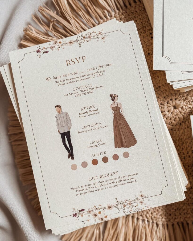 Cream RSVP cards with floral borders and formal attire illustrations on woven mat