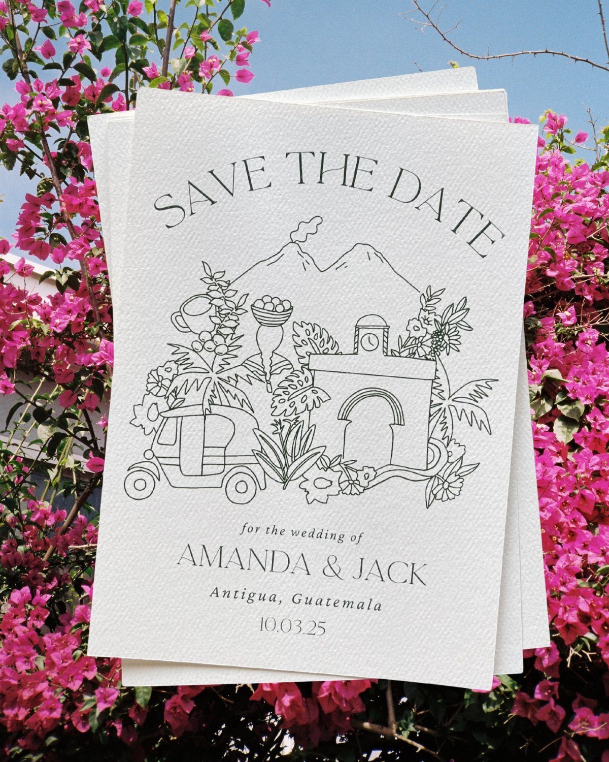 Save the date wedding cards with black line art against pink flowers